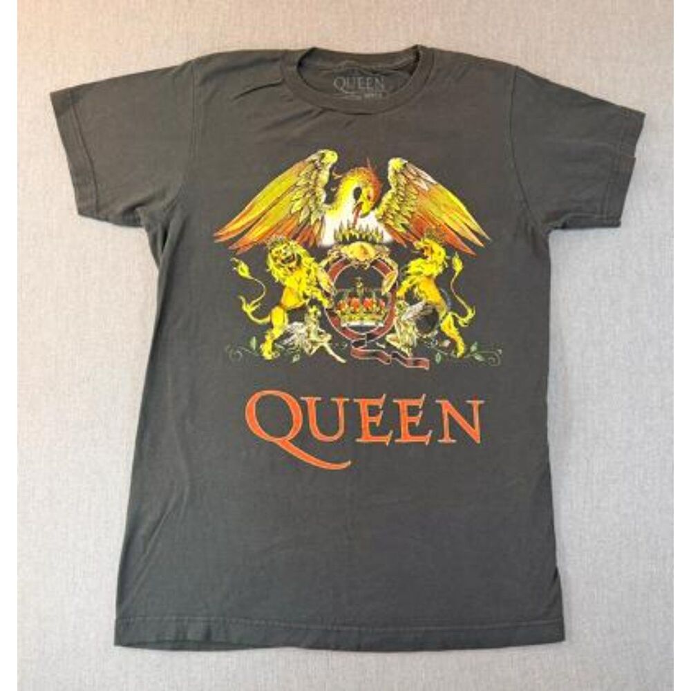 Queen Band T Shirt Charcoal Grey Faded Classic Crest Logo Graphic Tee Size S